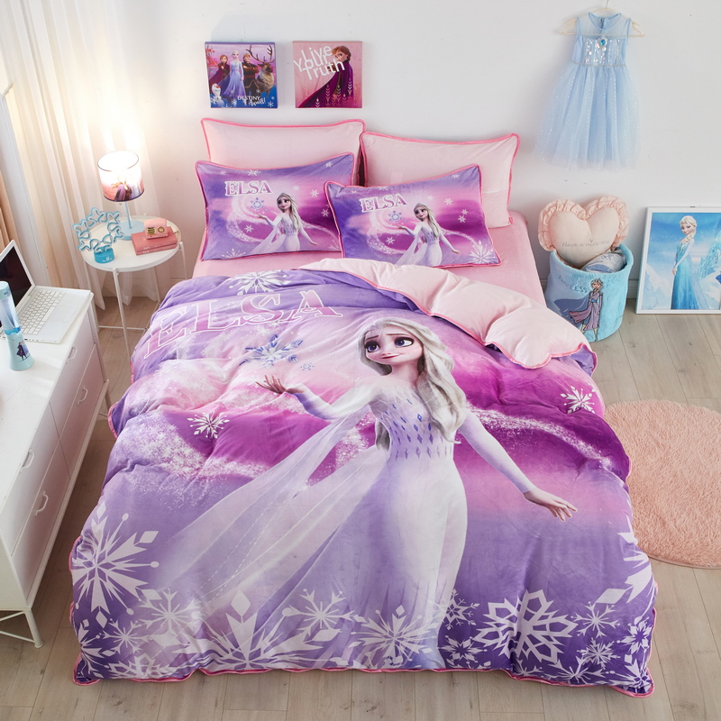 2023新款宝宝绒迪士尼卡通印染四件套 0.9m床单三件套 天使艾莎.紫