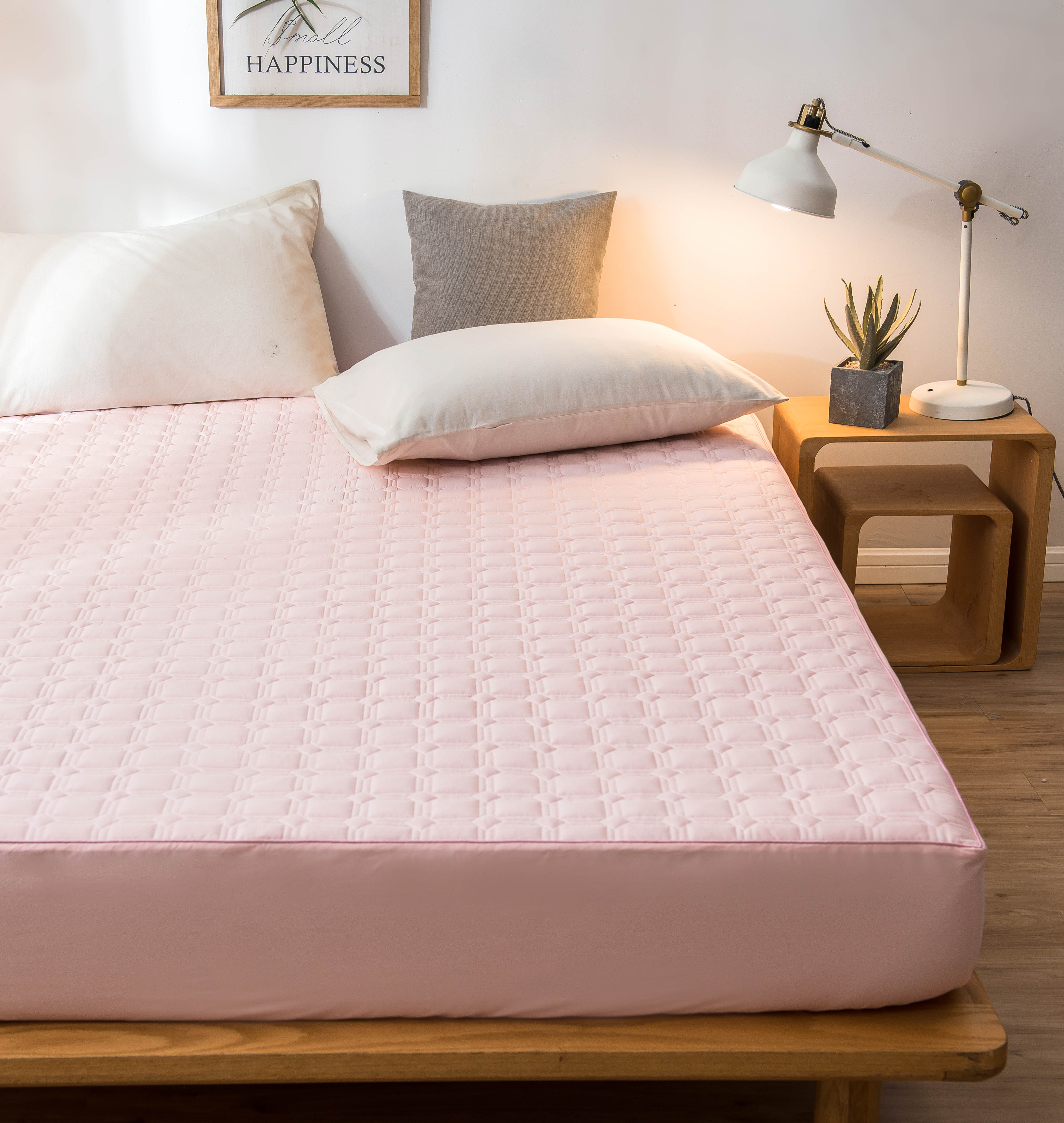 全棉抗菌防螨英威达纤维夹棉床笠可调节席梦思保护垫迷宫款 1.5m（5英尺）床 粉色