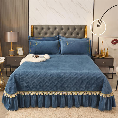 2021新款牛奶绒刺绣工艺床盖款四件套金色米兰系列--单床盖 250*250cm 温暖蓝