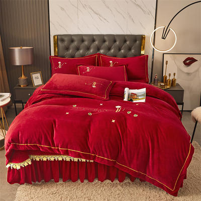 2021新款牛奶绒刺绣工艺床盖款四件套金色米兰系列--四件套 1.8m床盖款四件套 中国红
