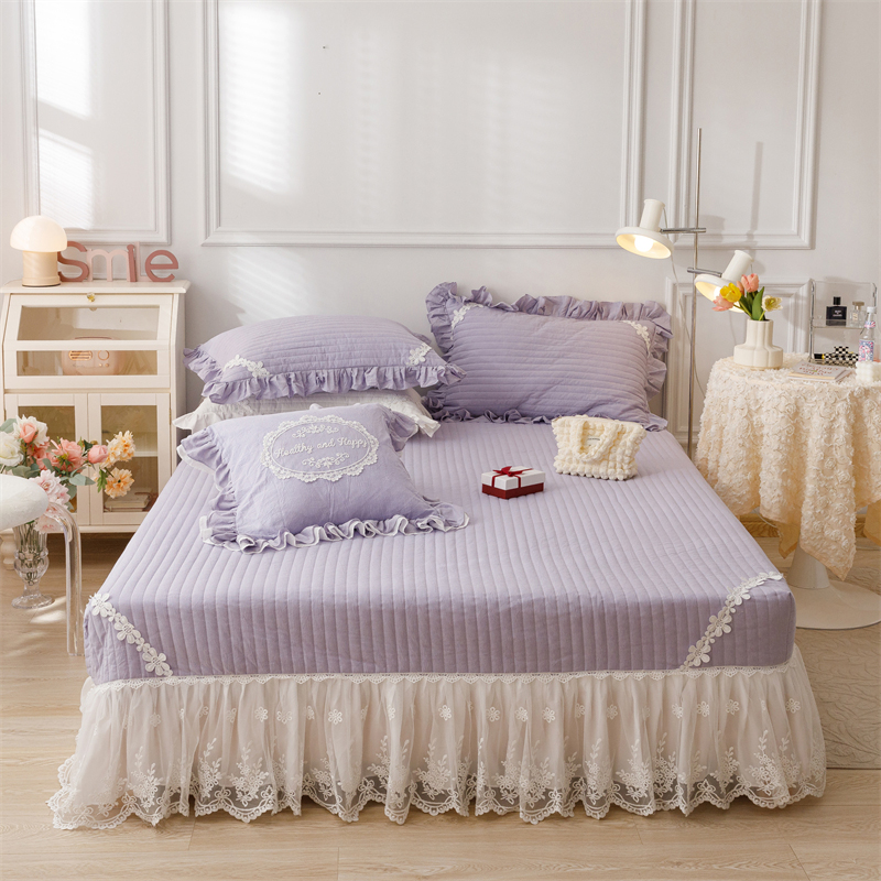 2022新款全棉色织水洗棉夹棉床裙--花西子系列 150*200+45cm单床裙 花西-紫