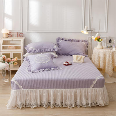 2022新款全棉色织水洗棉夹棉床裙--花西子系列 150*200+45cm单床裙 花西-紫