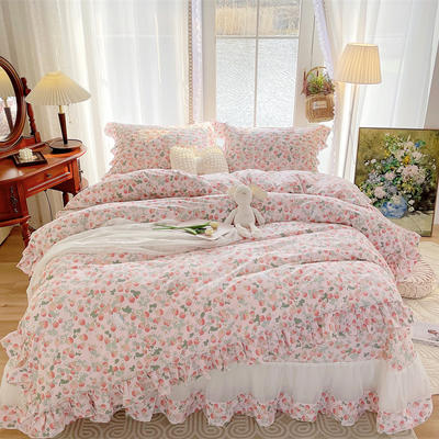 2023新款全棉法式田园风欧根纱床盖四件套 1.8m床盖款四件套 草莓