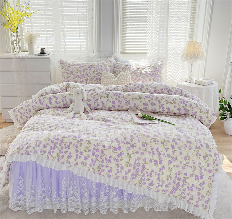 2023新款全棉法式蕾丝床裙系列-四件套 120*200cm+枕套1对 紫色玫瑰