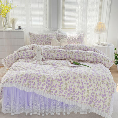 2023新款全棉法式蕾丝床裙系列-四件套 120*200cm+枕套1对 紫色玫瑰