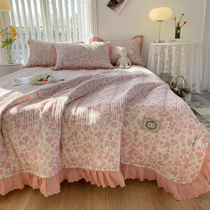2023秋冬新品法式花边全棉单床盖 230*250cm单床盖+枕套1对 玫瑰粉