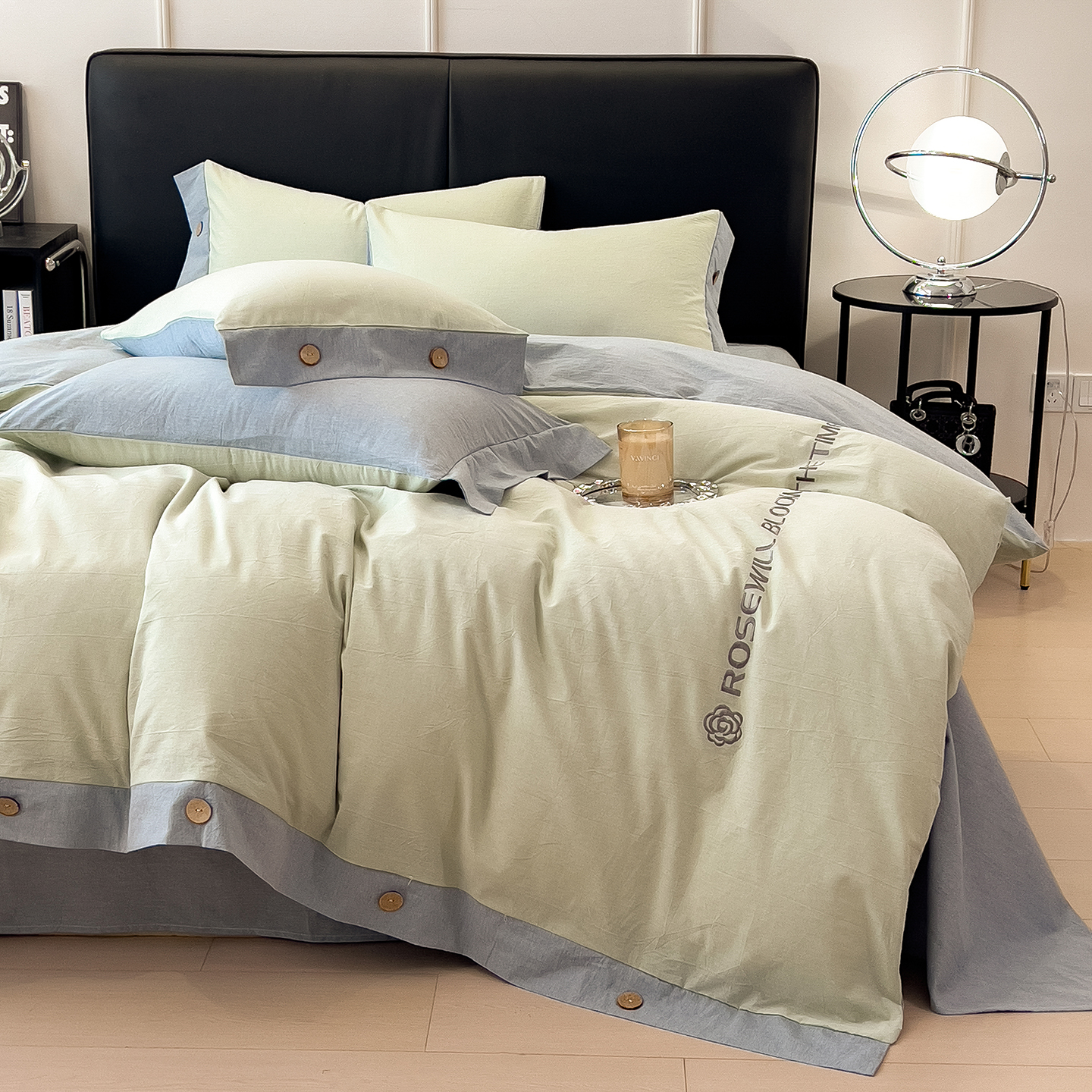 2025新款A类全棉色织水洗棉纽扣绣花四件套 纽扣款-浅绿拼浅灰