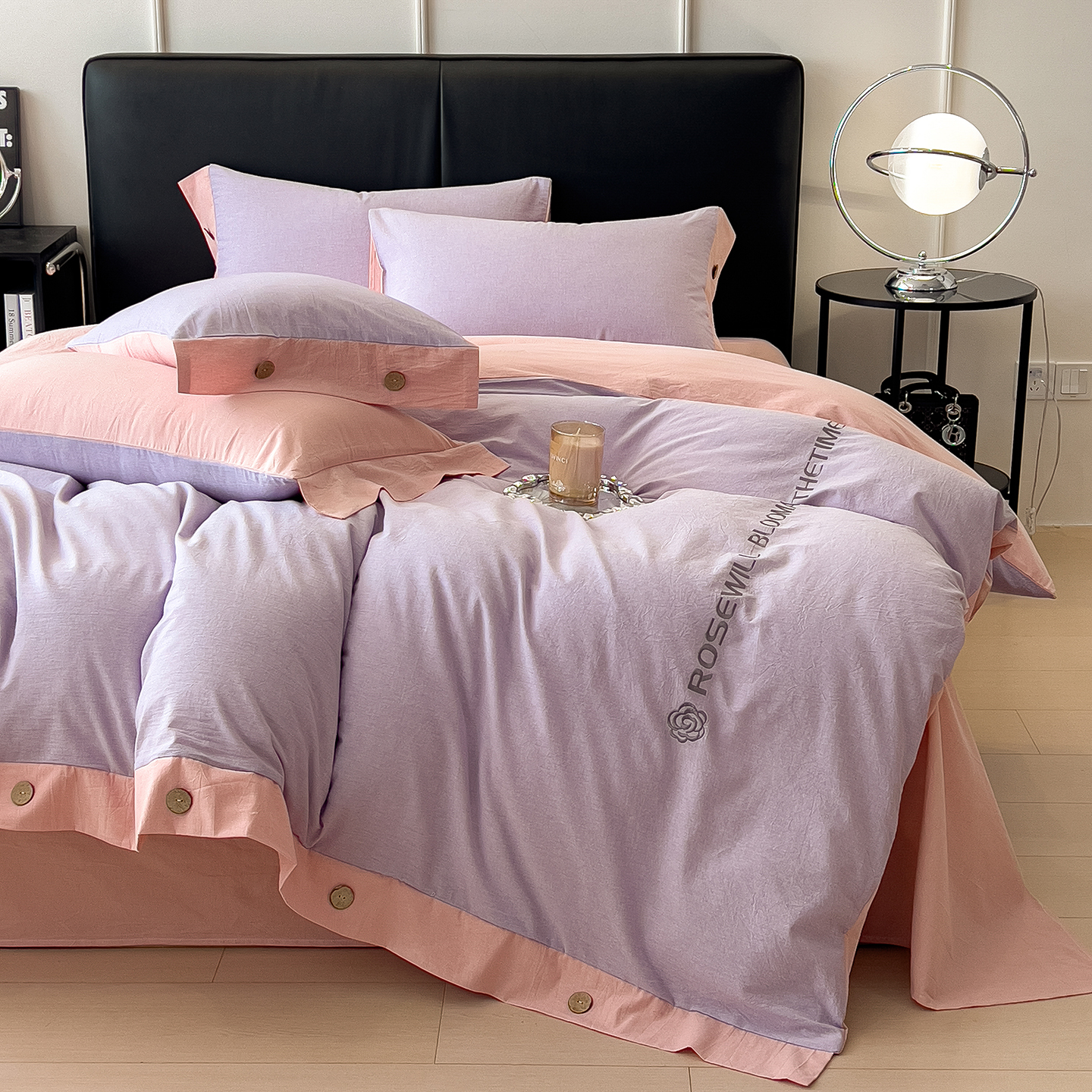 2025新款A类全棉色织水洗棉纽扣绣花四件套 纽扣款-浅紫拼浅粉