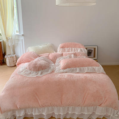 2021新款仙气十足法式双层蕾丝花边泰迪绒四件套-拍摄风格二 1.5m床单款四件套 粉色