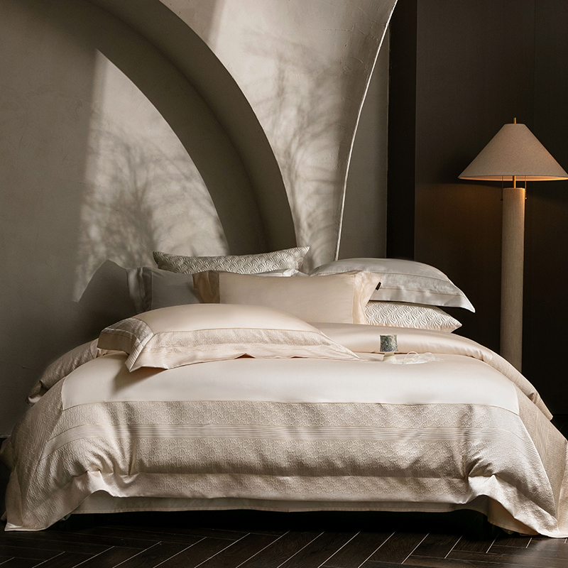 2026新款50支全棉高精密提花边条款轻奢四件套 鎏金巴黎-香槟