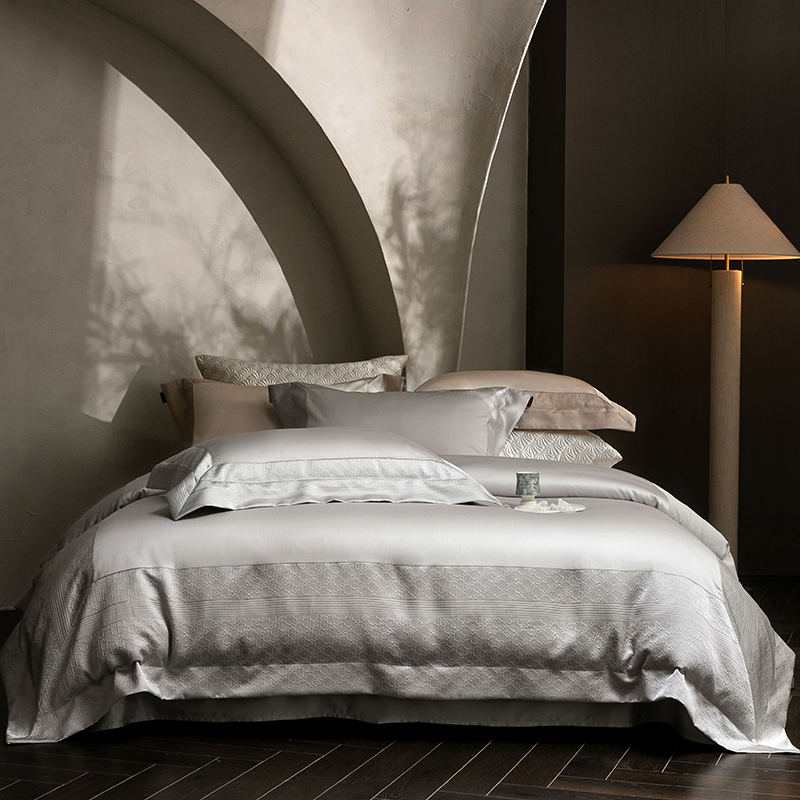 2026新款50支全棉高精密提花边条款轻奢四件套 鎏金巴黎-高级灰