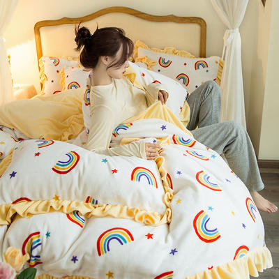 2020新款-韩版牛奶绒工艺款模特图 2.0m床单款四件套 彩虹白花边款-1