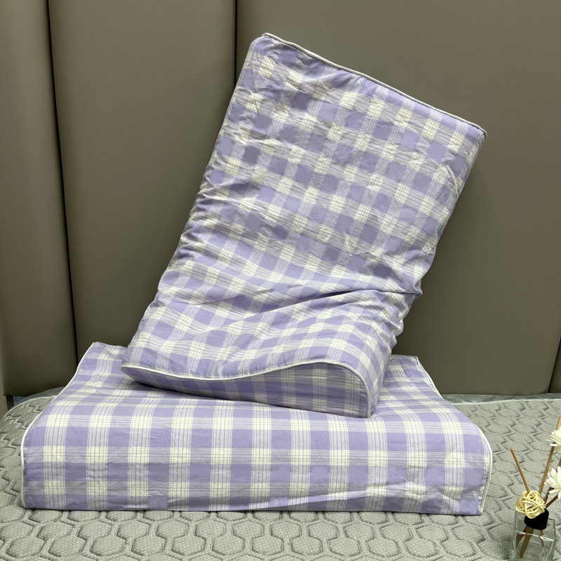 2024新款全棉水洗棉乳胶枕头枕芯枕套 浅紫中格40*60CM枕套+乳胶枕芯