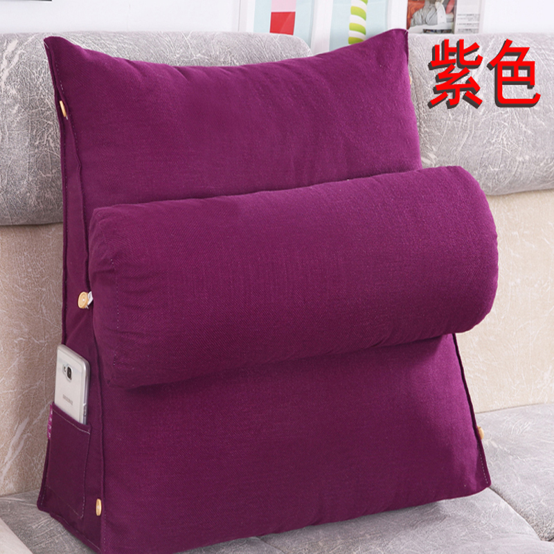 棉麻三角靠垫带圆枕可拆洗沙发抱枕靠垫床头靠垫 60*50*20+Ф16 紫色