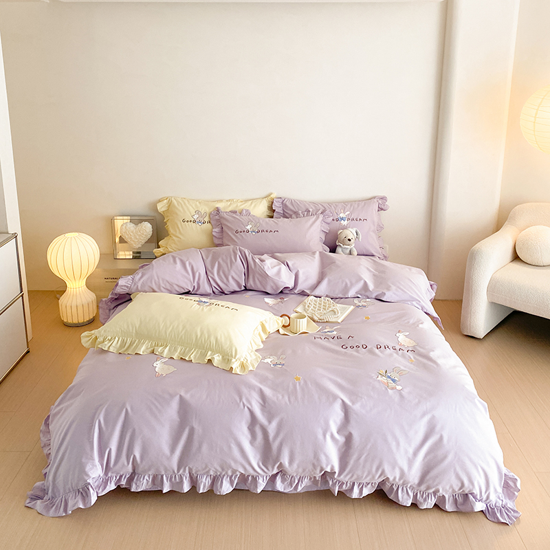 新款全棉水洗棉卡通精致刺绣四件套 1.8m床单款四件套 魔法兔-紫