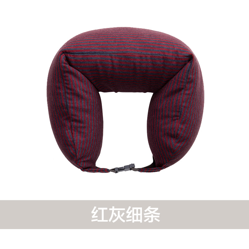 日式风U型枕护颈枕进口泡沫粒子（16.5*67） 红灰细条