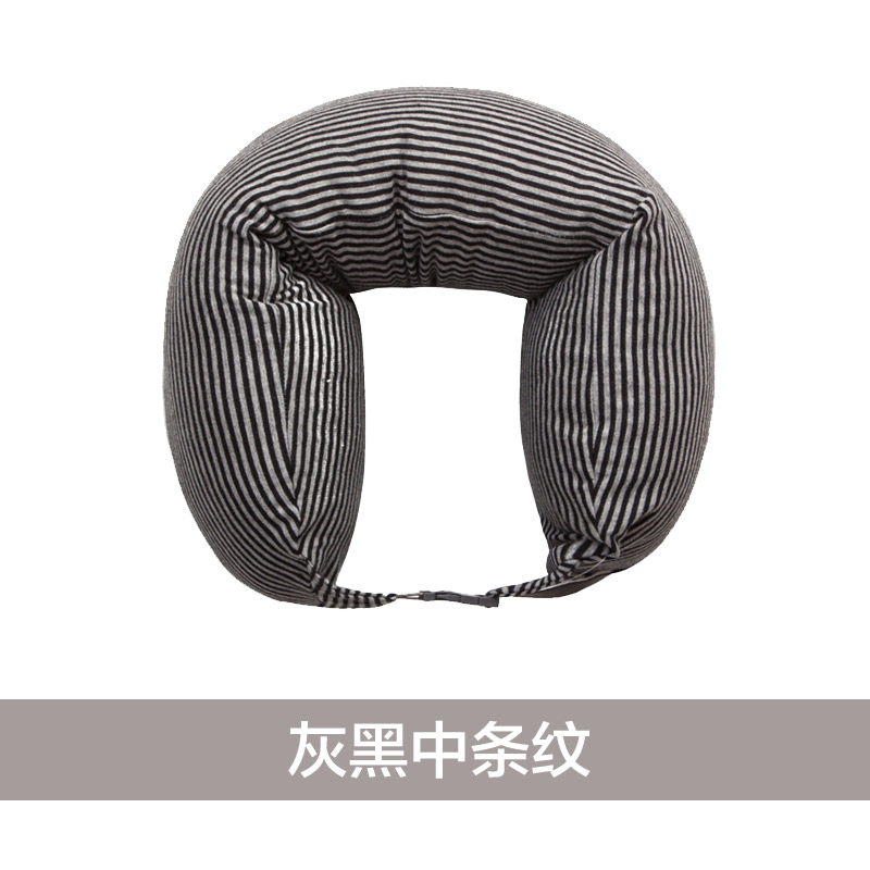日式风U型枕护颈枕进口泡沫粒子（16.5*67） 灰黑中条纹