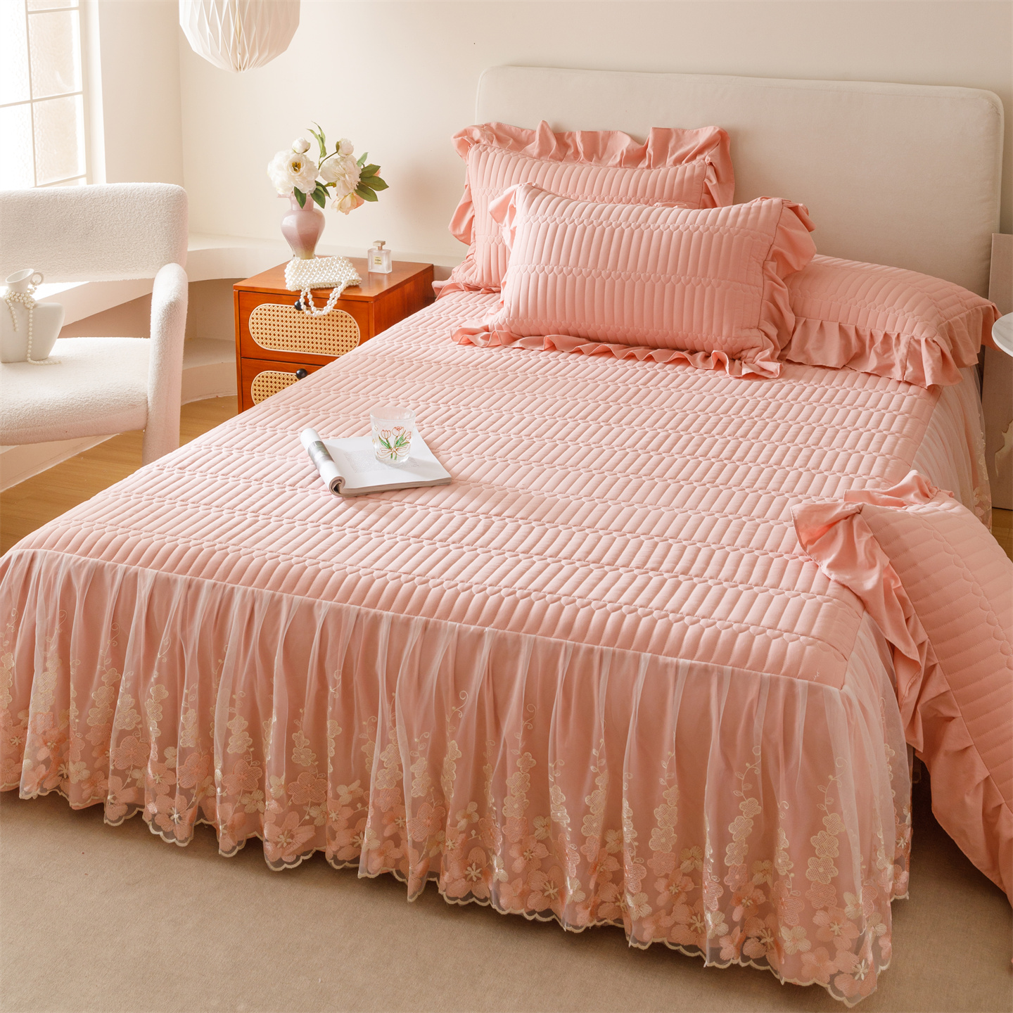 2025新款A类水洗棉床裙三件套-梦萝系列 梦萝-豆沙