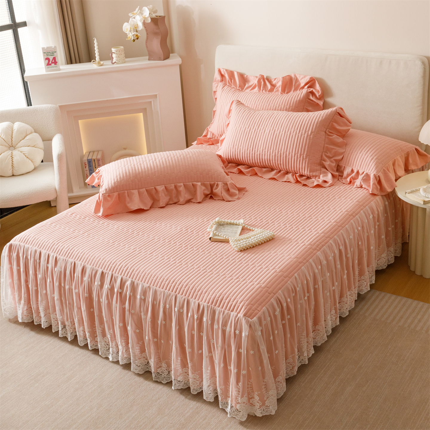 2025新款A类水洗棉床裙三件套-梦园系列 梦园-豆沙