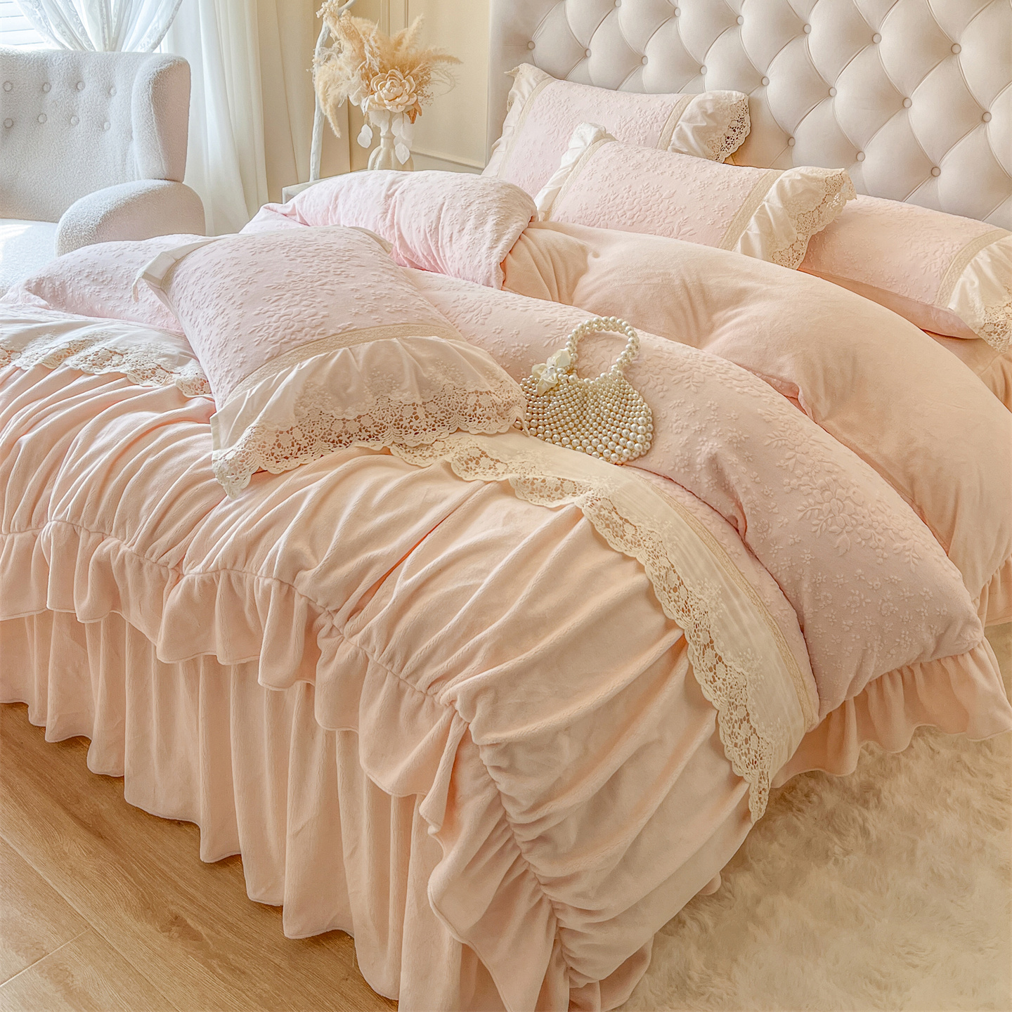 2025新款法式雕花牛奶绒四件套床裙款-暗香系列 暗香-粉