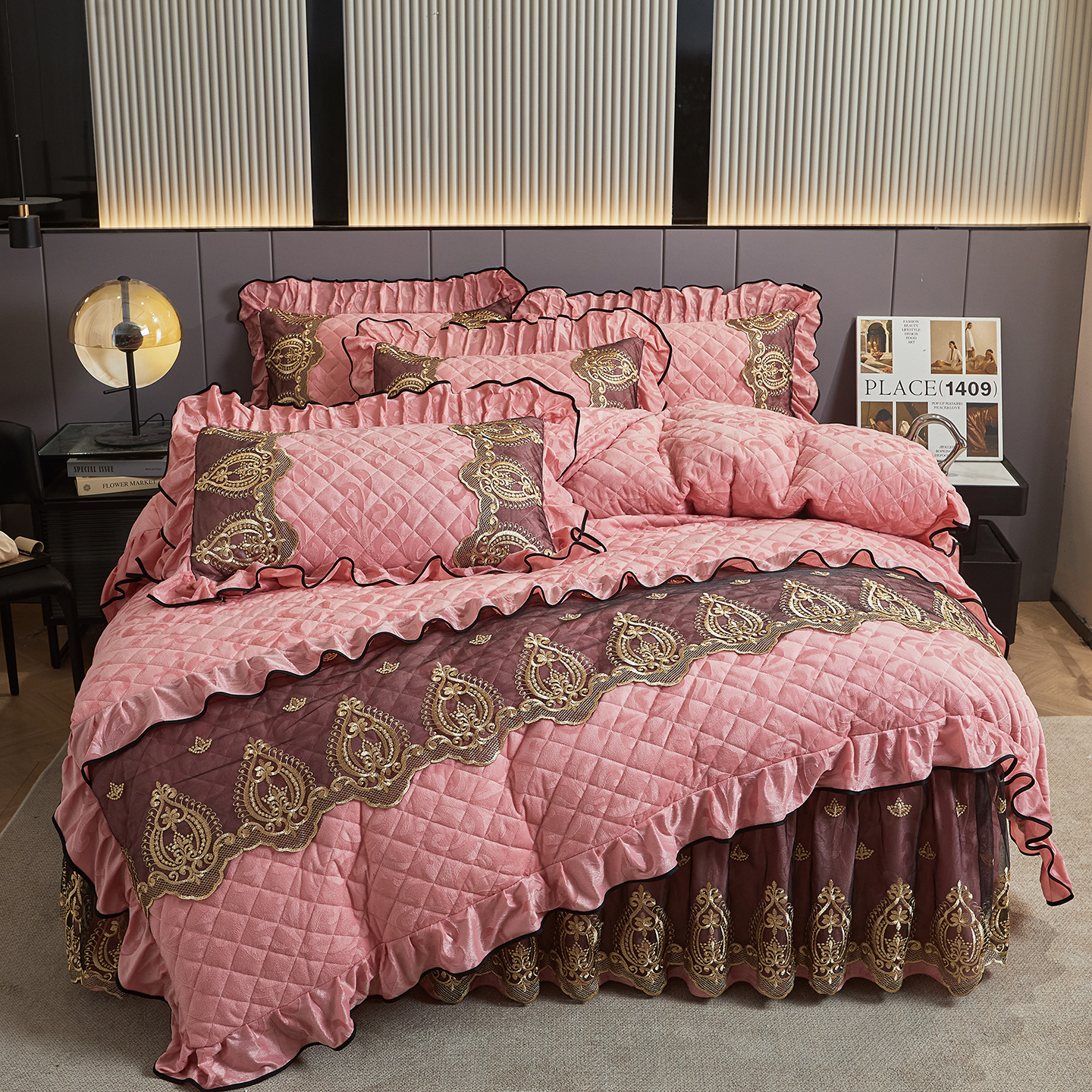 2025新款天鹅绒床裙款四件套-圣罗兰系列 圣罗兰-粉