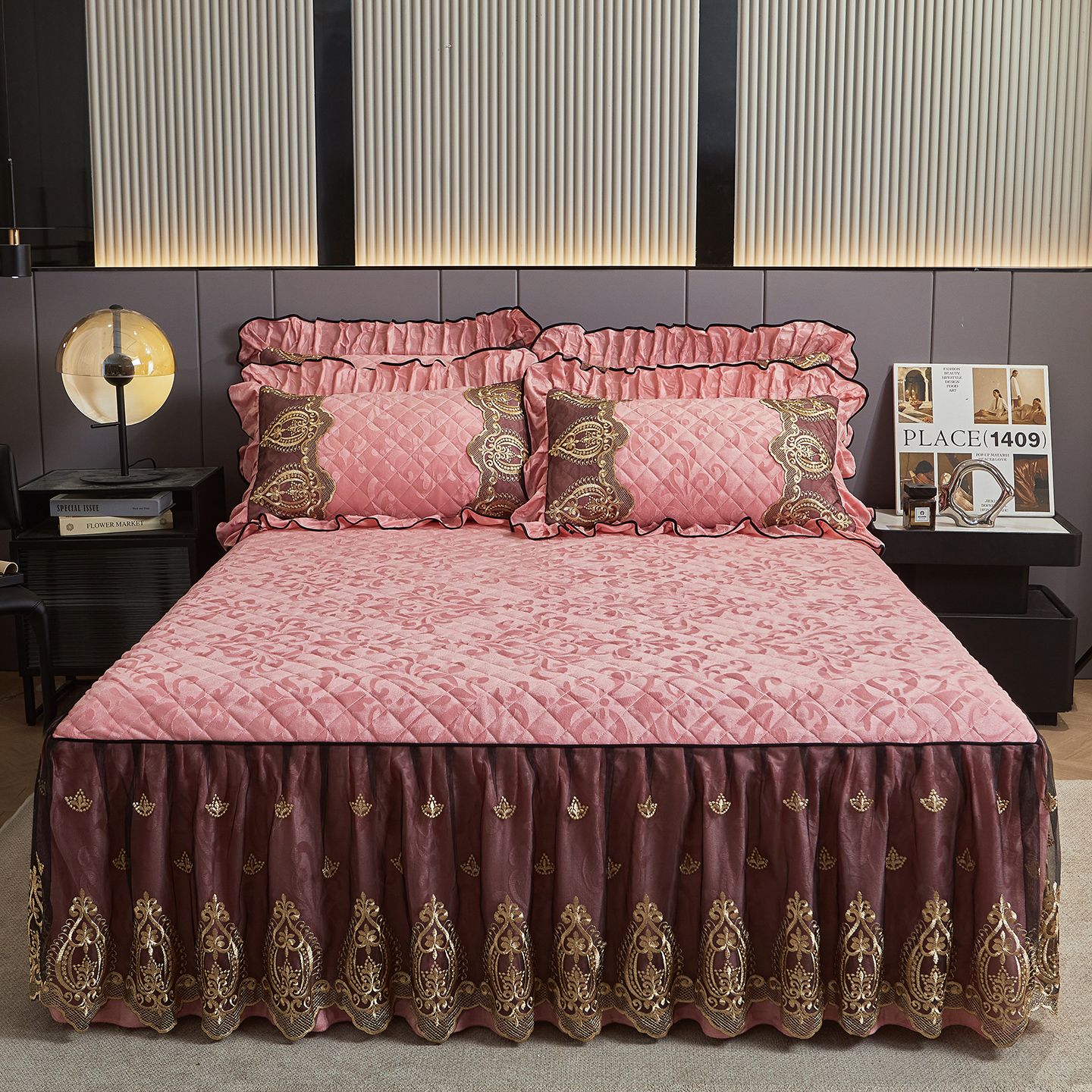 2025新款天鹅绒床裙款三件套-圣罗兰系列 圣罗兰-粉