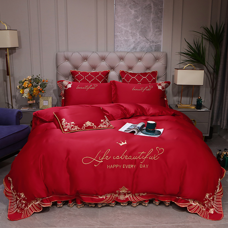 2022新款摩卡贡缎真丝床裙床单四件套 1.5m床裙款四件套 高贵红