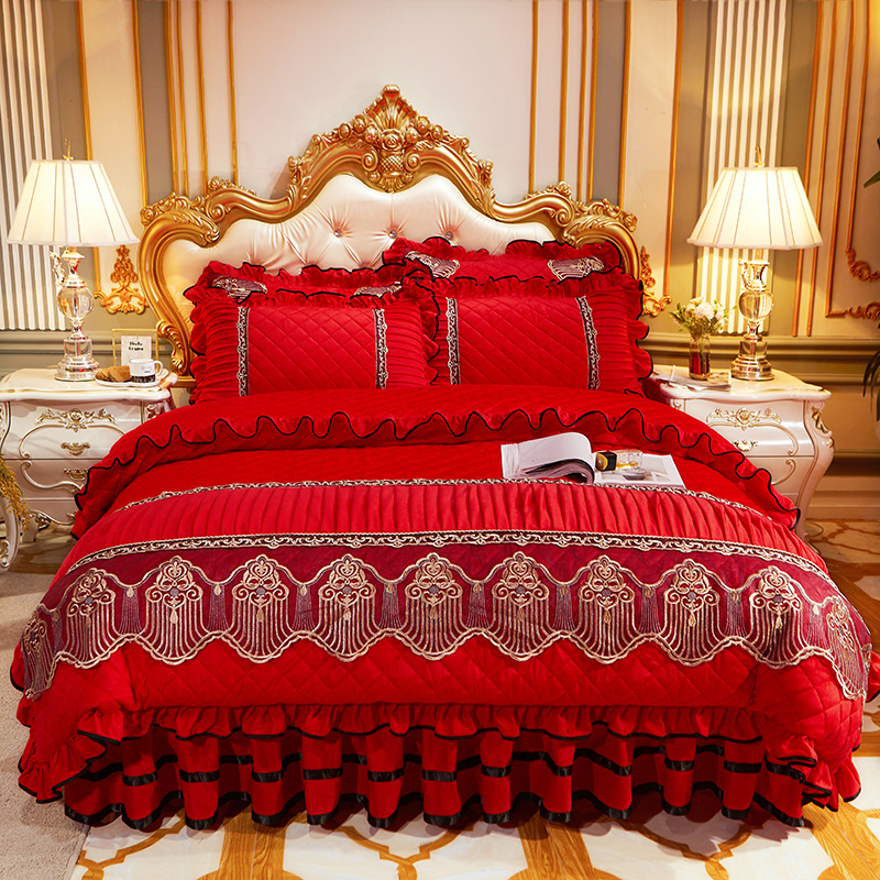 2022新款艾丽莎水晶绒系列床裙四件套 1.8m床裙款四件套 大红色