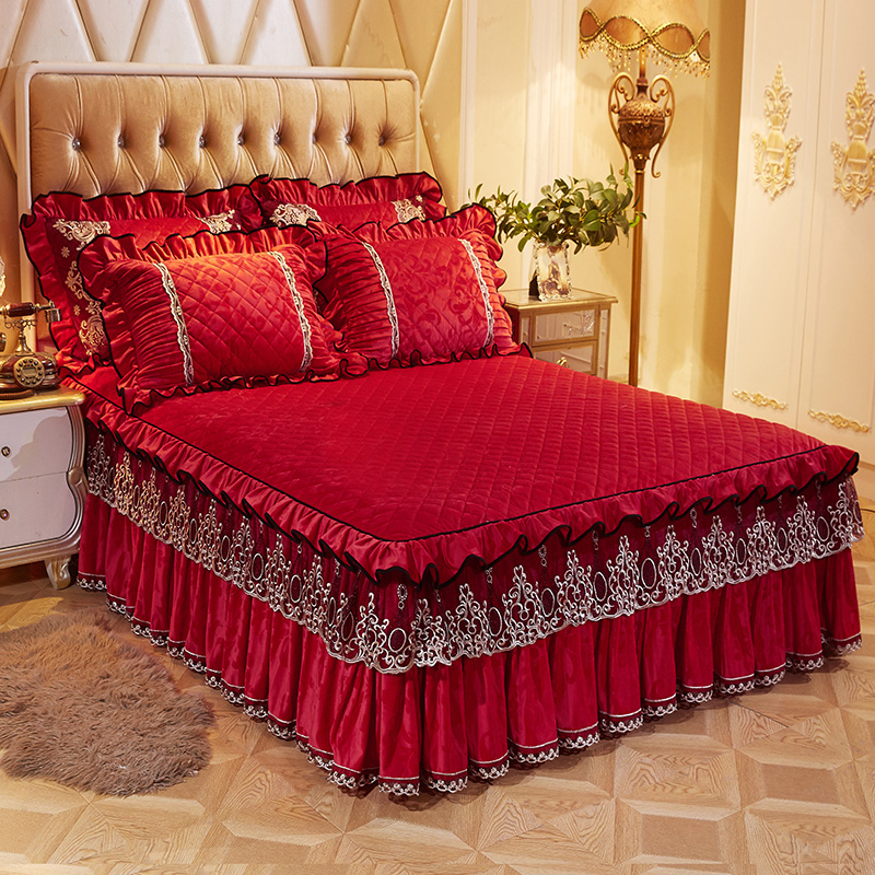 2022新款欧式风情床裙天鹅绒 150cmx200cm单床裙 欧式风情-大红色