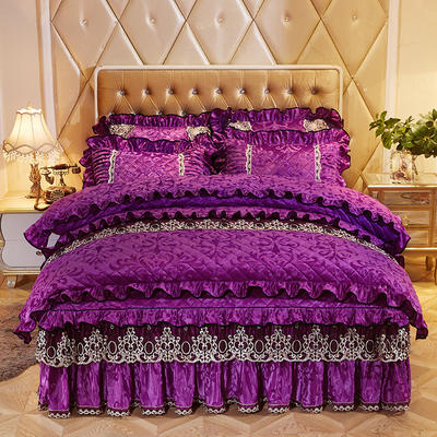 2022新款欧式风情床裙四件套天鹅绒 1.8m床裙款四件套 欧式风情-紫色