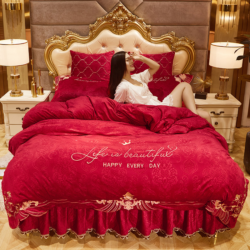 2022新款戴安妃水晶绒床裙四件套 1.8m床裙款四件套 戴安妃-中国红