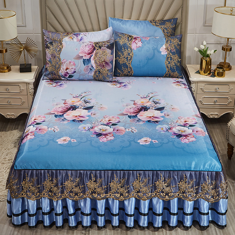2022新款花语系列床裙冰丝凉席三件套 180x220cm+枕套一对 含苞盛放-蓝