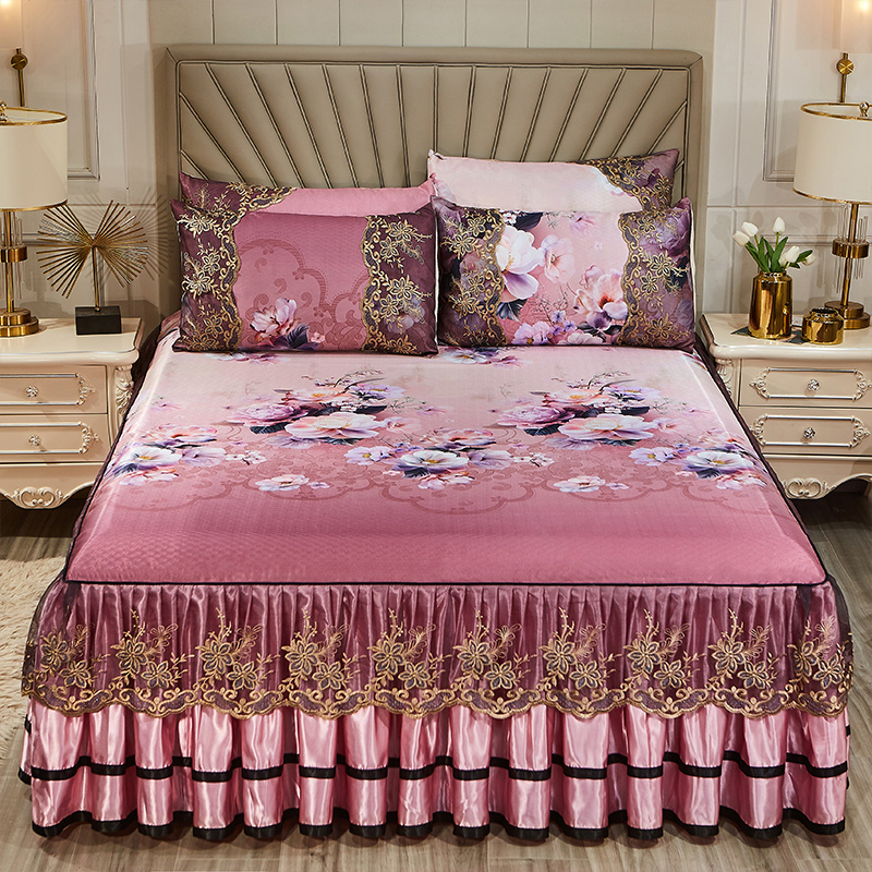 2022新款花语系列床裙冰丝凉席三件套 200x220cm+枕套一对 含苞盛放-紫