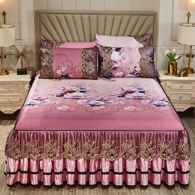 2022新款花语系列床裙冰丝凉席三件套 180x220cm+枕套一对 含苞盛放-紫