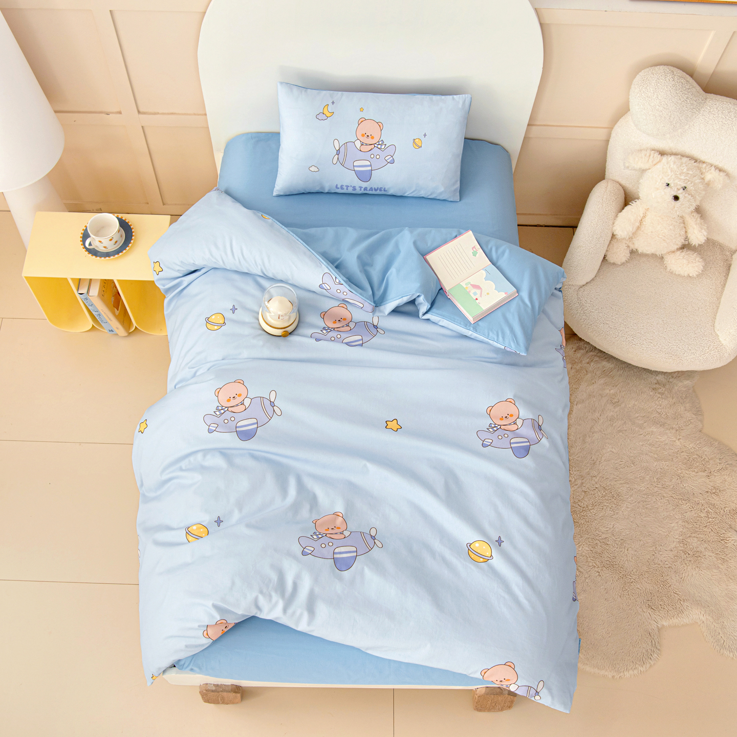 2026新款40S全棉数码印花-圆网系列幼儿园儿童套件 小熊飞行员