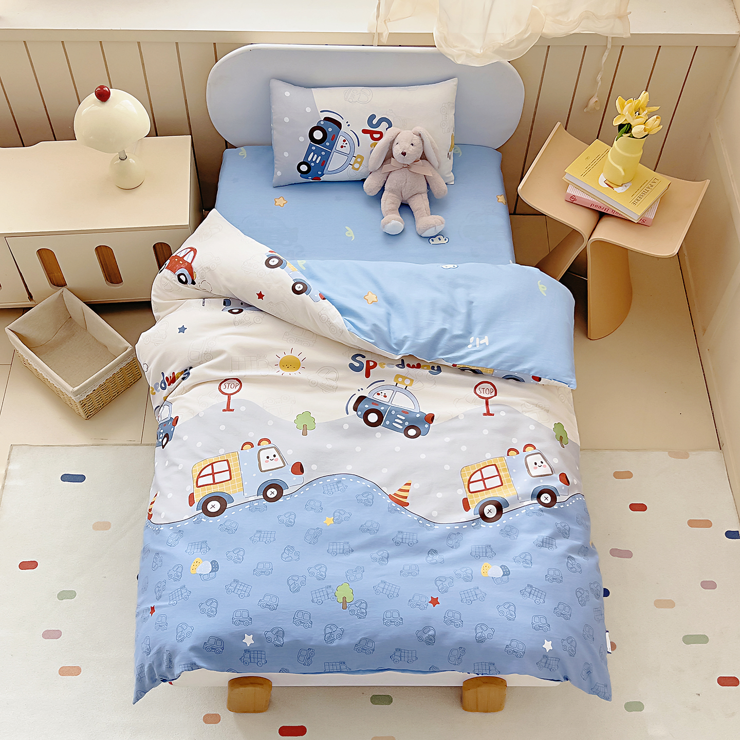 2026新款AB版全棉印花幼儿园三件套儿童午睡被宝宝入园含芯多件套 山道接力赛