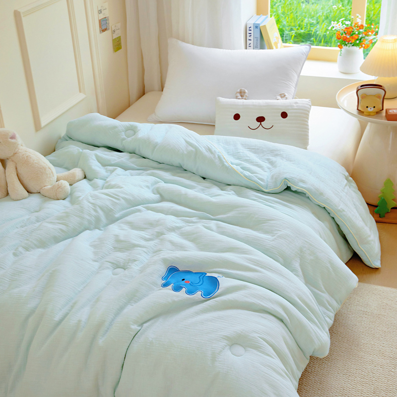 2025新款A类皱皱纱全棉刺绣春秋冬被被子被芯 蓝色小象