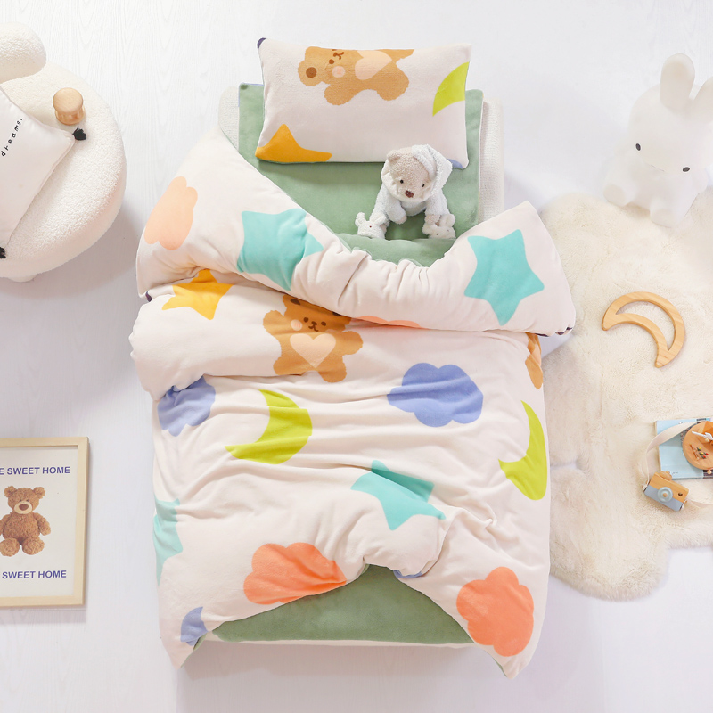 A类牛奶绒幼儿园被子三件套儿童宝宝午睡套件含芯六件套 垫套款三件套不含芯 熊梦梦