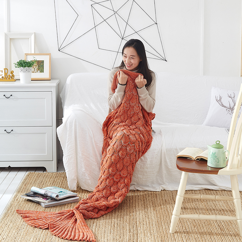 鱼鳞美人鱼针织盖毯 195cmx90cm 橘色