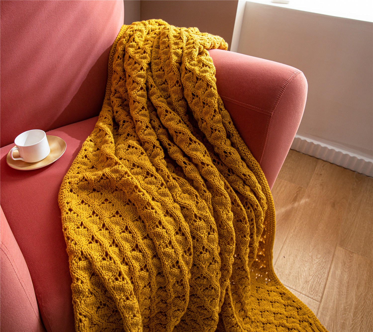 洛尔斯针织毯 针织毯 毯子 盖毯 软装搭毯 130*160cm 姜黄