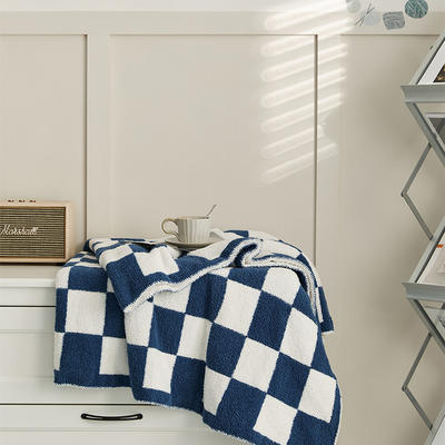 新款半边绒休闲毯旅行毯午睡毯沙发毯床尾巾棋盘格盖毯系列 150*200cm 海蓝