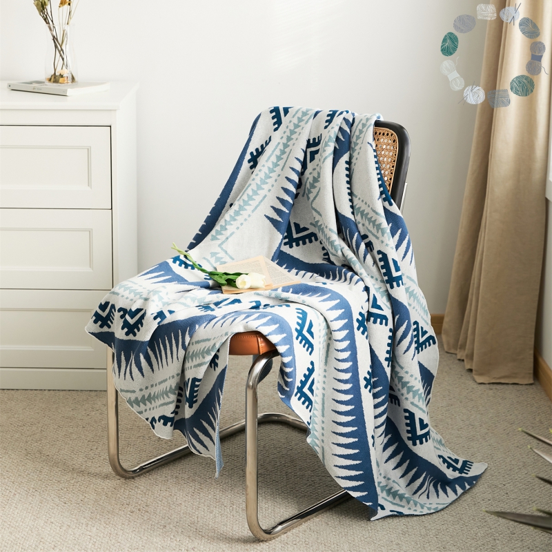 新款纳维亚全棉针织多用毯休闲毯旅行毯午睡毯沙发毯床尾巾 130*160cm 纳维亚蓝色