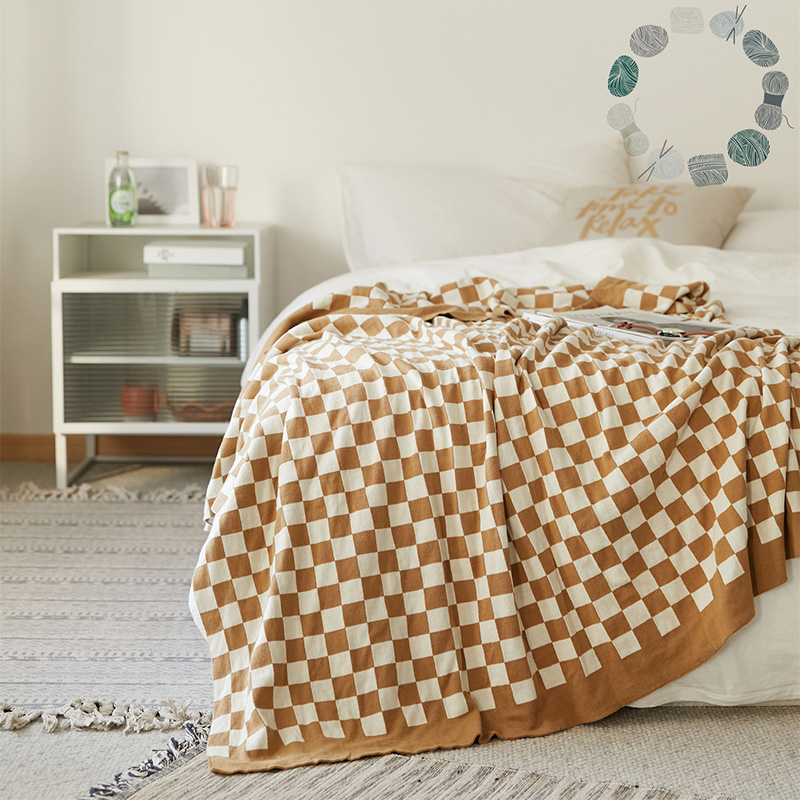 新款全棉米兰格休闲毯盖毯旅行毯沙发毯床尾巾 130*160cm 橙白