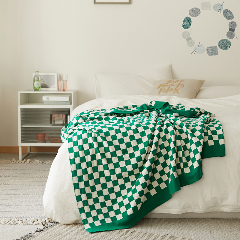 新款全棉米兰格休闲毯盖毯旅行毯沙发毯床尾巾 130*160cm 绿白