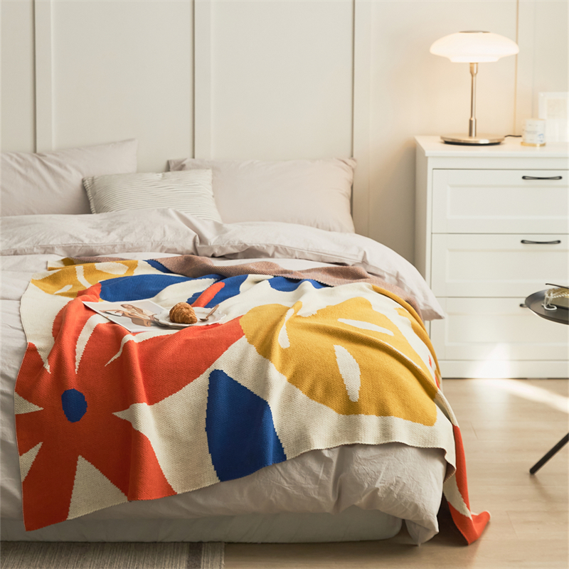 新款全棉休闲毯旅行毯午睡毯沙发毯床尾巾盖毯--黎杏叶 130*160cm 橙色晚霞