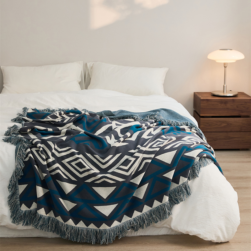 新款A类全棉多功能休闲毯盖毯旅行毯沙发毯床尾巾--蕾娜丝系列 130*160cm 蕾娜丝-蓝色