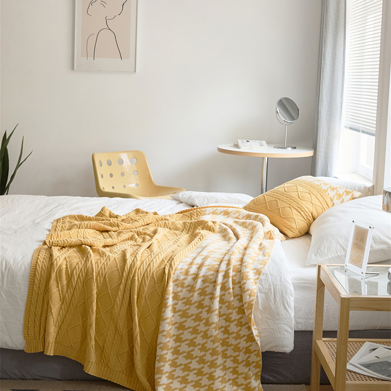 新款全棉全棉休闲毯旅行毯午睡毯沙发毯床尾巾毯子璃月系列 130*160cm 亮黄色毯
