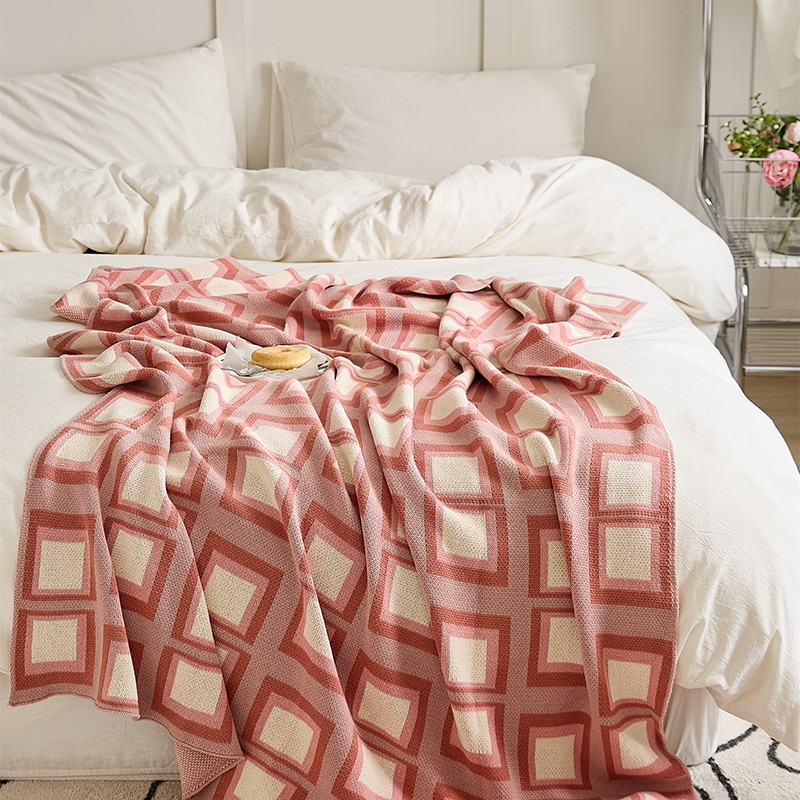 新款全棉源意多功能休闲毯盖毯旅行毯沙发毯床尾巾 130*160cm 源意-粉色