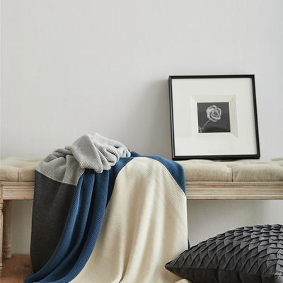 新款全棉针织多功能休闲毯盖毯旅行毯沙发毯床尾巾--若拉 130*160cm 拼色蓝