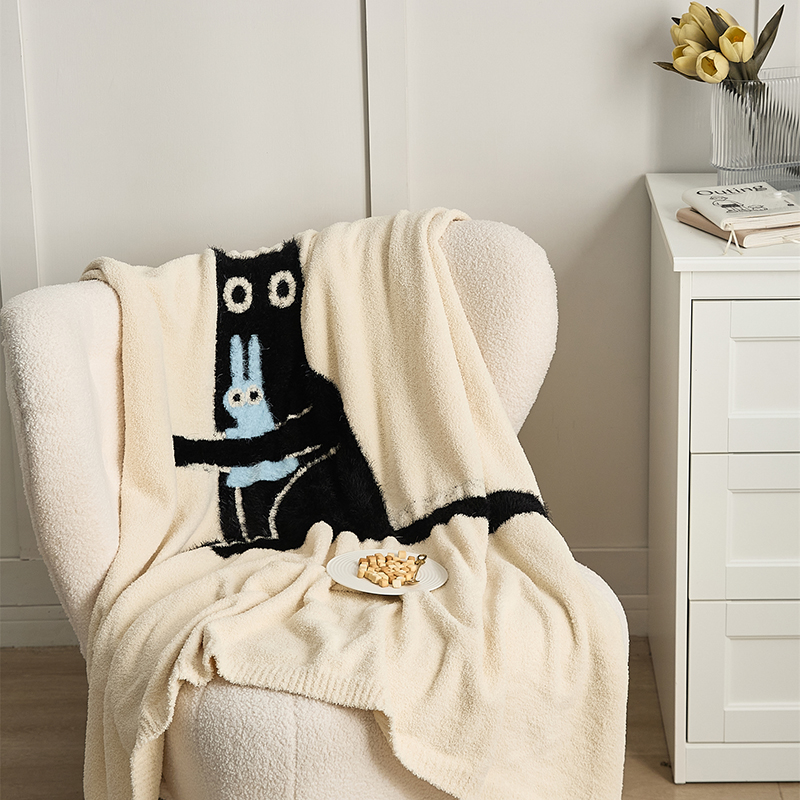 新款半边绒多功能毛毯休闲毯盖毯旅行毯沙发毯床尾巾弯月猫系列 130*160cm 弯月猫-黑猫